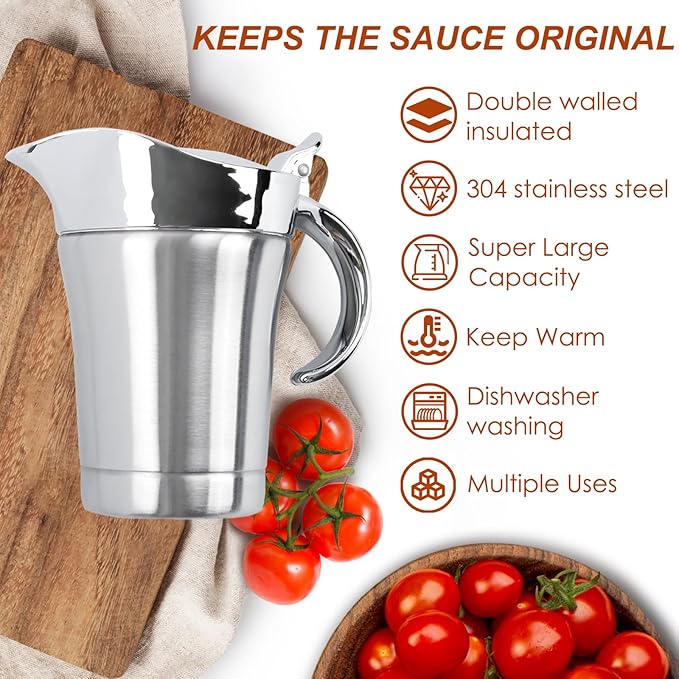 Double Insulated Gravy Boat, 18/8 Stainless Steel Sauce Jug Gravy Boat with Hinged Lid - Ideal for Gravy or Cream at Thanksgiving, Halloween, Christmas, Dishwasher safe (750ML/26 OZ)