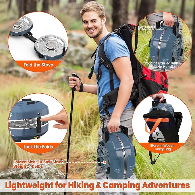 20,000 BTUs 2 Burner Propane Camping Stove, Portable Folding Camp Stove with Adjustable Burners, Built-in Ignition and Carrying Bag, Dual Gas Stoves for Tailgating, Camping, BBQ Overland Grey