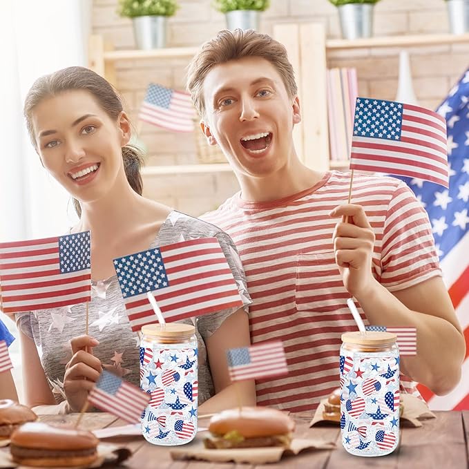 Sliner 2 Pcs Veterans Day Glass Cups 4th of July Tumbler Gifts Patriotic American Flag Star Iced Coffee Cup with Lid Straw Cleaning Brush 16 oz Red White Blue Drinking Glasses for Women