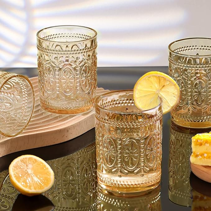 6 Pack Amber Glassware Set, 10oz Vintage Drinking Glasses, Colored Water Glasses, Amber Embossed Glass Cups for Party Wedding Home Office Gift