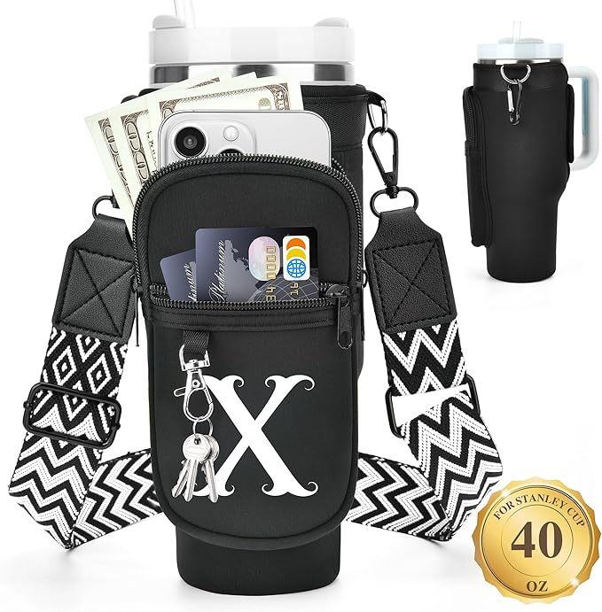 LOKASS Personalized Water Bottle Holder with Strap for Stanley Cup Accessories 40 oz Tumbler, Initial Water Bottle Carrier Bag/Phone Pocket, Mother's Day/Birthday Gifts for Women/Girls