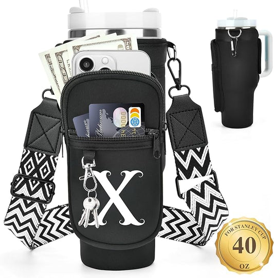 LOKASS Personalized Water Bottle Holder with Strap for Stanley Cup Accessories 40 oz Tumbler, Initial Water Bottle Carrier Bag/Phone Pocket, Mother's Day/Birthday Gifts for Women/Girls