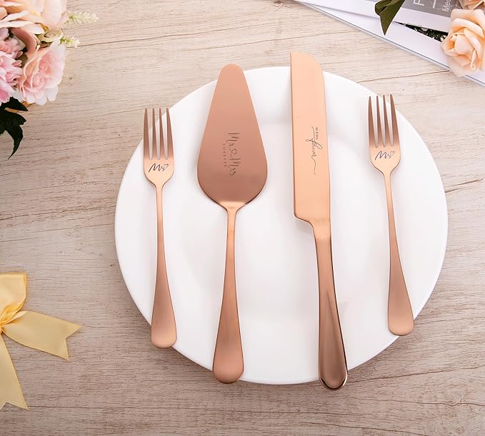 Wedding Cake Knife and Sever Set, Cake Cutting Set for Wedding, 4 pieces Mr and Mrs Cake Cutter and Forks, Birthday, Wedding Gifts, Bridal Shower Gifts for Couples (Rose gold)