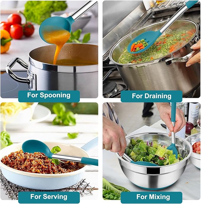 TeamFar Cooking Utensils Set, 4PCS Heatproof Silicone Utensil Kitchen Tools with Stainless Steel Handle, for Non-stick Cookware Flipping Frying Draining, Nontoxic & Non scratch, Easy Clean - Navy Blue