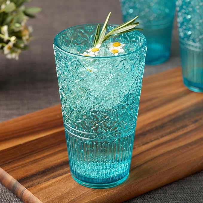 Victoria Aqua Set of 6 Premium Acrylic Ice Tea Glass 22 oz – Unbreakable Glassware with Elegant Embossed Design, Dishwasher Safe for Indoor & Outdoor Use