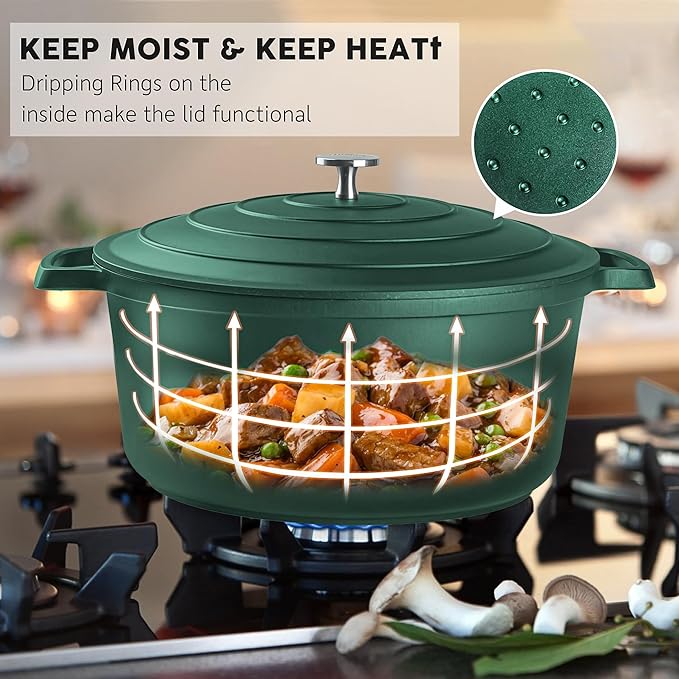 INSETFY Large Dutch Oven Pot with Lid-7.5QT Cast Aluminum Oven Pot with Two Handles Lightweight for Bread Baking Braising and Roasting(Green)