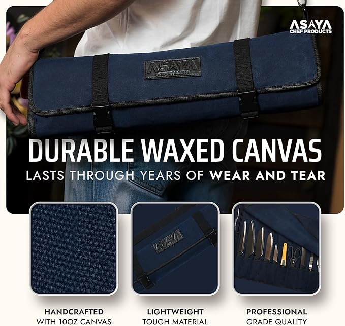 Asaya Canvas Chef Knife Roll Bag - 10 Knife Slots and a Large Zipper Pocket - Durable 10oz Canvas Knife Case with an Adjustable Shoulder Strap - Knives not Included