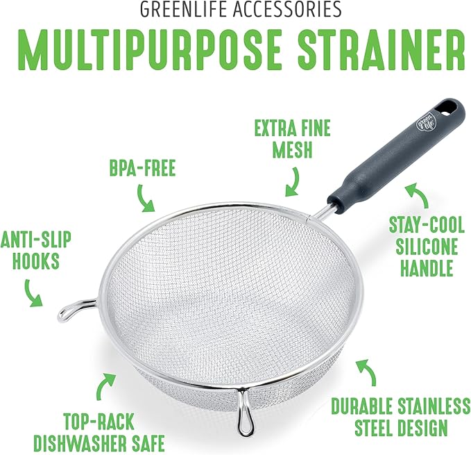 GreenLife Cooking Tools and Utensils, 4 Piece Extra Fine Stainless Steel Mesh Strainer Kitchen Set, Stay Cool Handles, Dishwasher Safe, BPA-Free, Turquoise