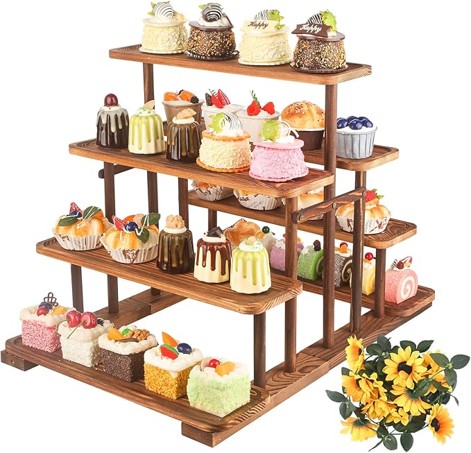 Wooden 7 Tier Cupcake Stand & Towers Serving Trays for Party with Vine Decoration — Party Display Serving Ladder with Platter for Cake, Snacks — Perfect for Catering, Events & Centerpieces