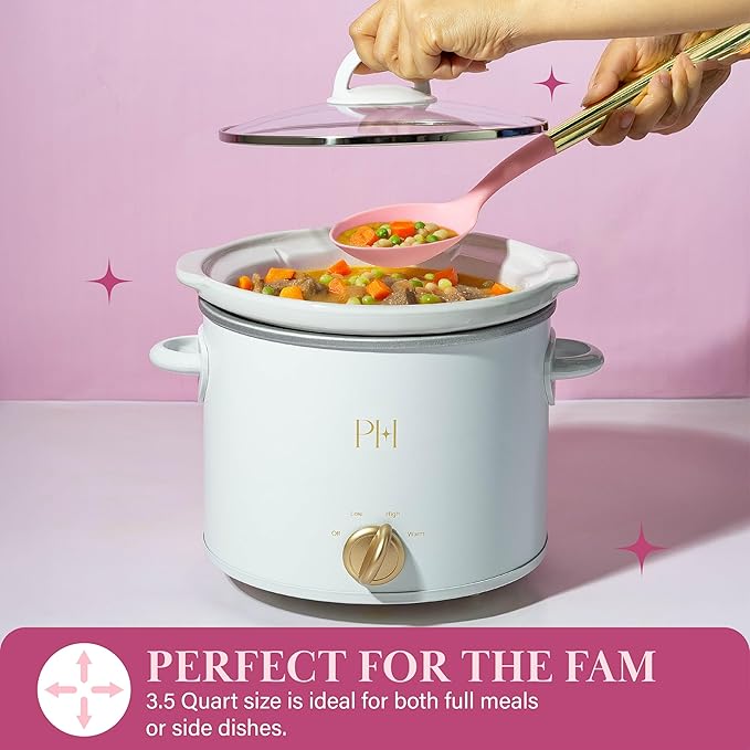 Paris Hilton 3.5-Quart Manual Slow Cooker, Features Three Settings (Low, High, Warm), Naturally Nonstick and Dishwasher Safe Stoneware Insert, Family Sized Capacity, White