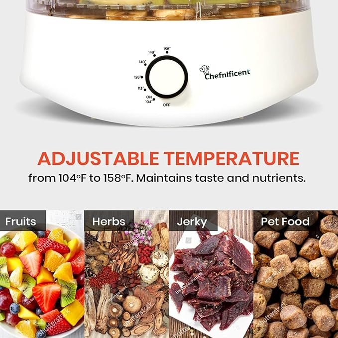 Food Dehydrator DryMax 280W – 5 Tray Adjustable, BPA-Free – 4-Hour Quick Drying, Even Heat, Easy Temp Control – Fruit, Veggie, Meat Jerky Maker (White)