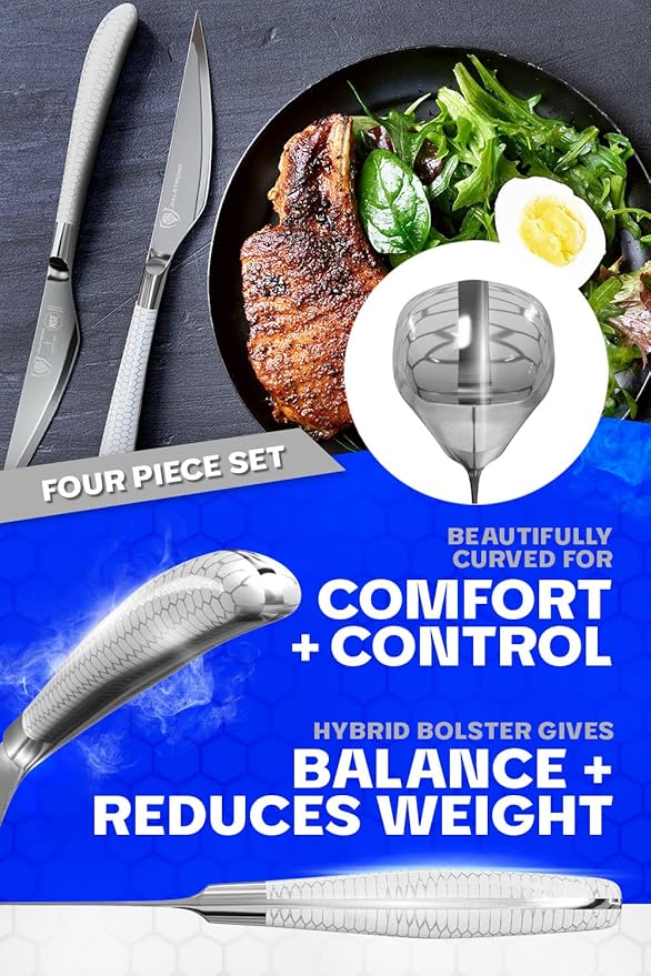 Dalstrong Steak Knife Set - 4 Piece - 4.5 inch Serrated Blade - Frost Fire Series - High Chromium Steel Kitchen Knife- Frosted Sandblast - White Honeycomb Handle - NSF Certified