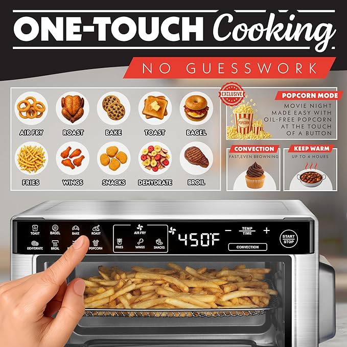 Gourmia Toaster Oven Digital Air Fryer - Convection Mode with 4 Slice Capacity, 3 Rack Positions, 12 Presets, Toast, Bagel, Bake, Roast, Broil, Dehydrate, Popcorn, Fits 9" Pizza, Stainless Steel
