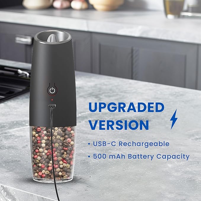 Rechargeable Electric Salt and Pepper Grinder set of 2, gravity electric salt and pepper grinder set, Adjustable Roughness, LED Light, 2 Pack, (Black&White)