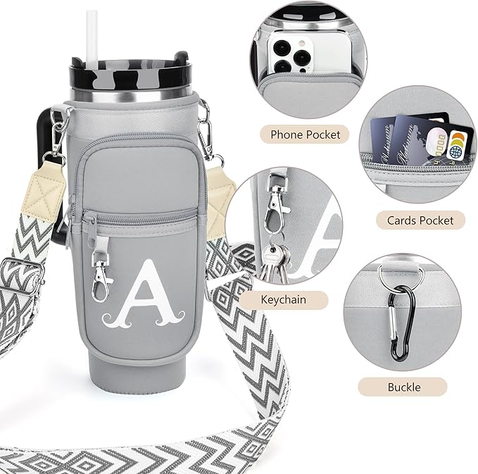 LOKASS Personalized Water Bottle Holder with Strap for Stanley Cup Accessories 40 oz Tumbler, Initial Water Bottle Carrier Bag/Phone Pocket, Mother's Day/Birthday Gifts for Women/Girls