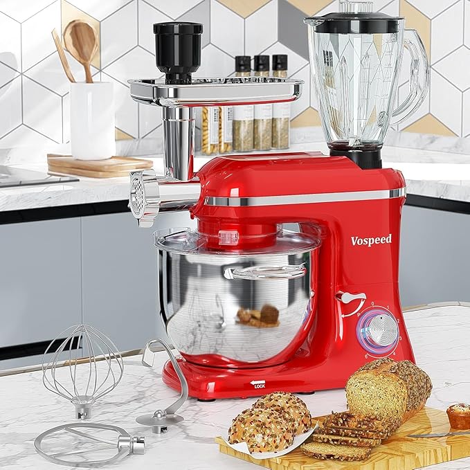 Stand Mixer 9 IN 1, 850W Tilt-Head Multifunctional Electric Mixer with 8 QT Stainless Steel Bowl, 1.5L Glass Jar, Meat Grinder, Hook, Whisk, Beater Dishwasher Safe (Red)