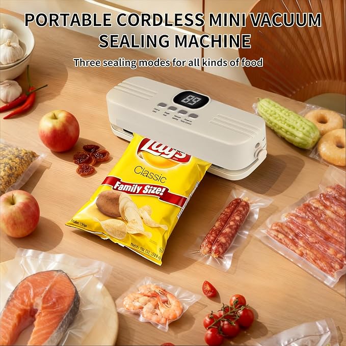 Vacuum Sealer Machine For Food, Mini Cordless Vacuum Sealer, 3-in-1 Portable Vacuum Sealer with 4 Snack Bags, 1 Storage Bag, 1 Inflation Pump, 1 Needle & 1 Nozzle (White)