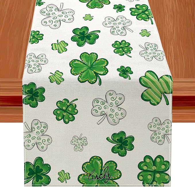 St. Patrick's Day Table Runner Decorations,Green Lucky Shamrock Linen Spring Table Runner Seasonal Holiday Kitchen Dining Table Decoration for Indoor Outdoor Home Party Decor 13 x 72 Inch