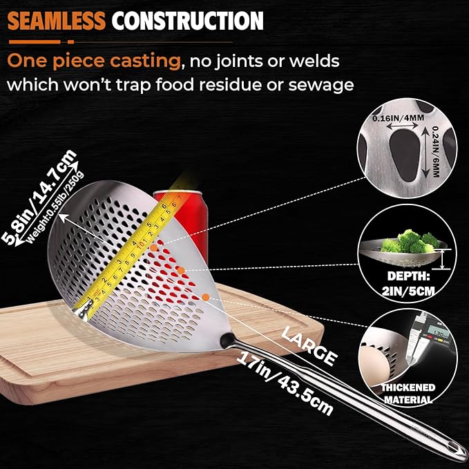 MARTE Skimmer Slotted Spoon -17in 304 Stainless Steel Pasta Spider Strainer Skimmer Ladle Spoon for Cooking and Frying - Kitchen Large Metal Scoop Colander Strainer Spoon with Heat Resistant Handle