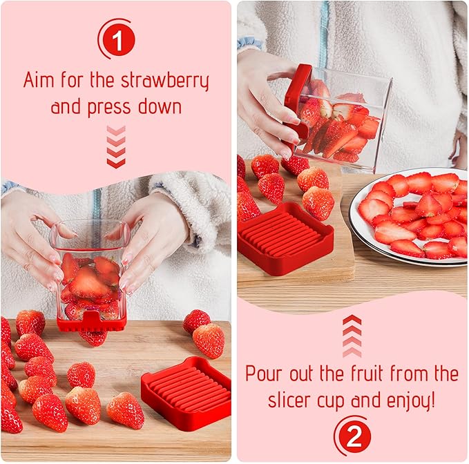 3-in-1 Strawberry Banana Egg Slicer Cup | Detachable Fruit Cutter with Push Plate for Effortlessly Safe Slicing | Quick Meal Prep & Snacks Kitchen Gadget (Red)