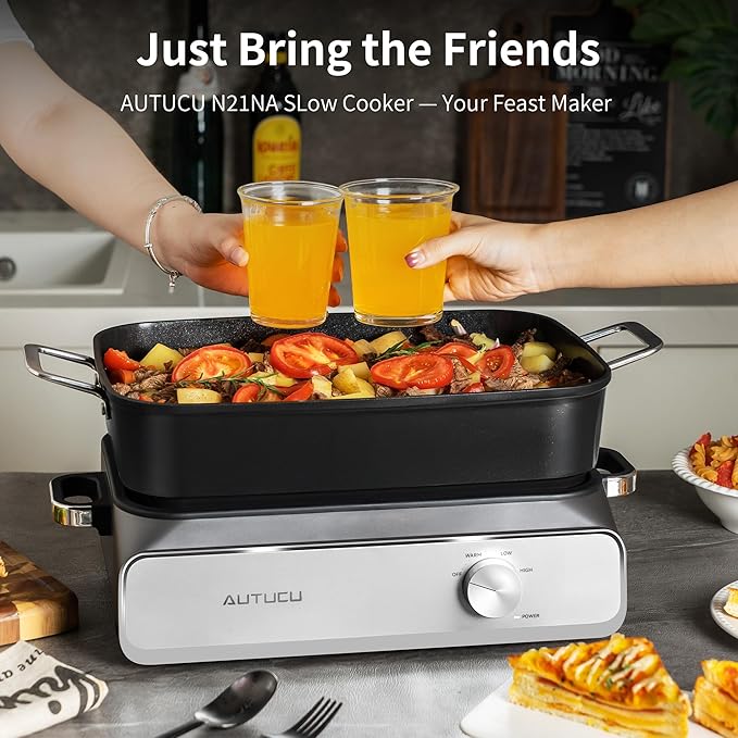AUTUCU Slow Cooker 10-Quart - PFOA-Free Ceramic Coating, Oven Safe to 450°F | Keep Warm Function for Large Family Gatherings (Includes Silicone Spoon)