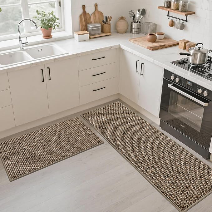 JSEI Kitchen Runner Rugs, 17''x60'' Non-Slip Kitchen Mats for Floor, Machine Washable Absorbent and Stain Resistant Kitchen Rug, Carpet Mats with TPR Backing for Kitchen, Taupe