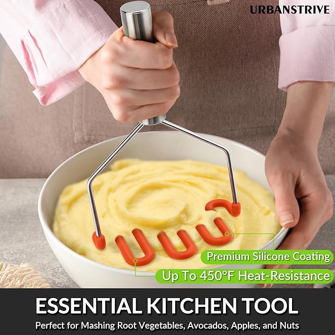 Urbanstrive Non-Scratch Silicone Potato Masher Kitchen Tool, Potatoes Masher Potato Masher Stainless Steel Wrapped In Premium Silicone, Potato Smasher, Orange