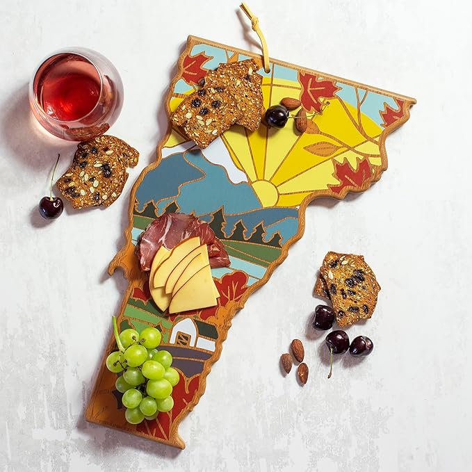 Totally Bamboo Vermont State Shaped Cutting Board and Charcuterie Serving Platter with Artwork by Summer Stokes, Includes Hang Tie for Wall Display