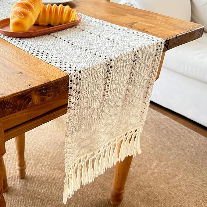 Macrame Table Runner Cream Beige Boho Table Runners with Tassels 72 Inches Long, Rustic Farmhouse Table Runners for Living Room Bridal Shower(12x72in)