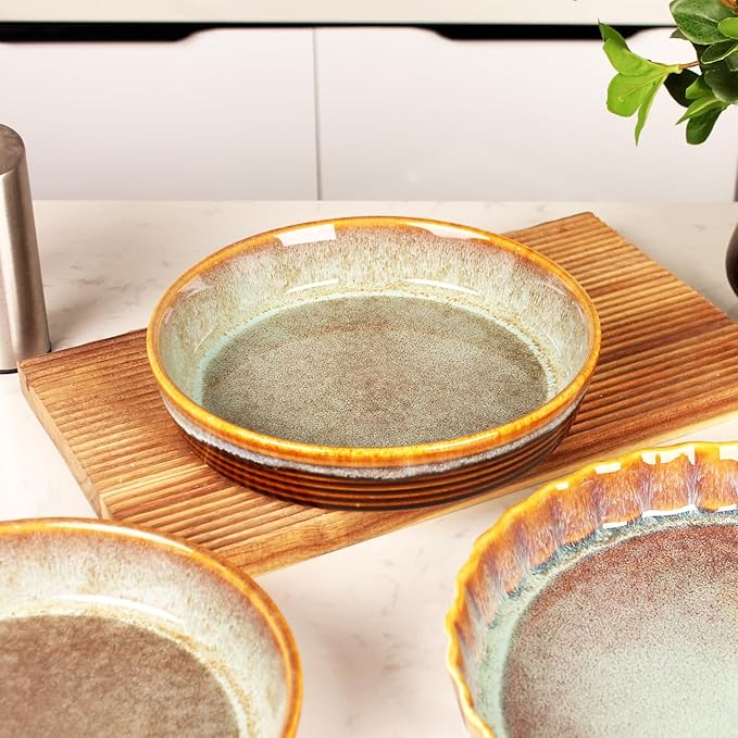 jinsongdafa Large Quiche Tart Pans Pan, 17 oz Ceramic Au gratin pans, Fluted Ruffled Edge for Quiche Baking Dish/Pie Pan - Microwave Freezer Dishwasher Oven safe - Great Gift for Bakers 8 Inch