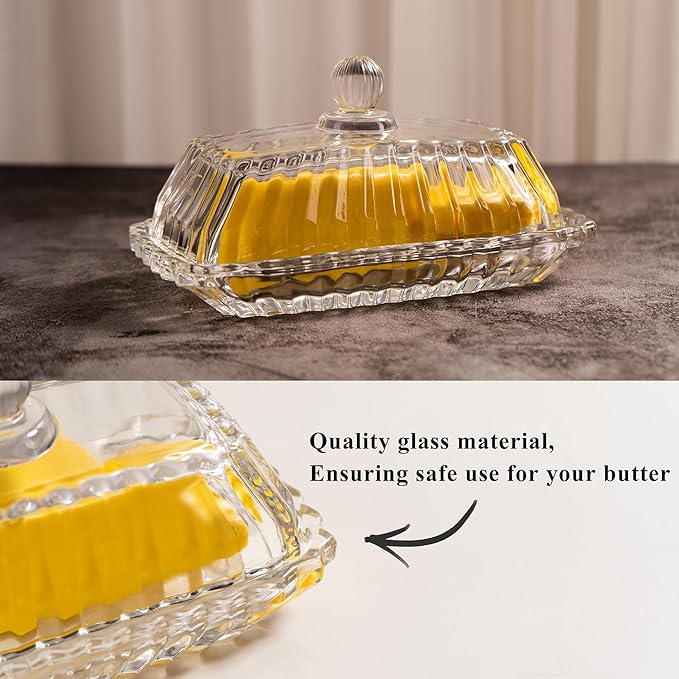 Clear Glass Butter Dish with Lid, Covered Butter Stick Holder Tray, Crystal Glass Butter Storage Container for Fridge Countertop