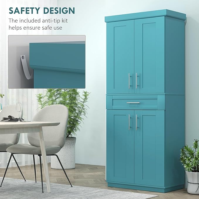 HOMCOM 72" Kitchen Pantry Cabinet, Freestanding Tall Storage Cabinet with 4 Doors, Drawer and 3 Adjustable Shelves for Dining Room, Turquoise