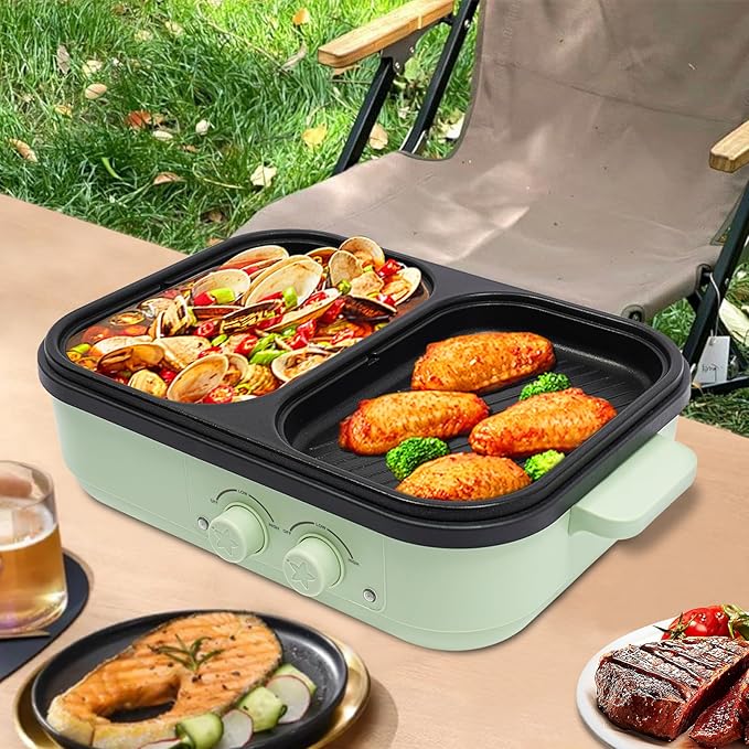 Electric Hot Pot with Grill, 2-in-1 Indoor Non-stick Shabu Shabu & Korean BBQ Cooker with Dual Temp Control & Overheating Protection, Portable for Noodles, Steaks for 1-3 People (Green)