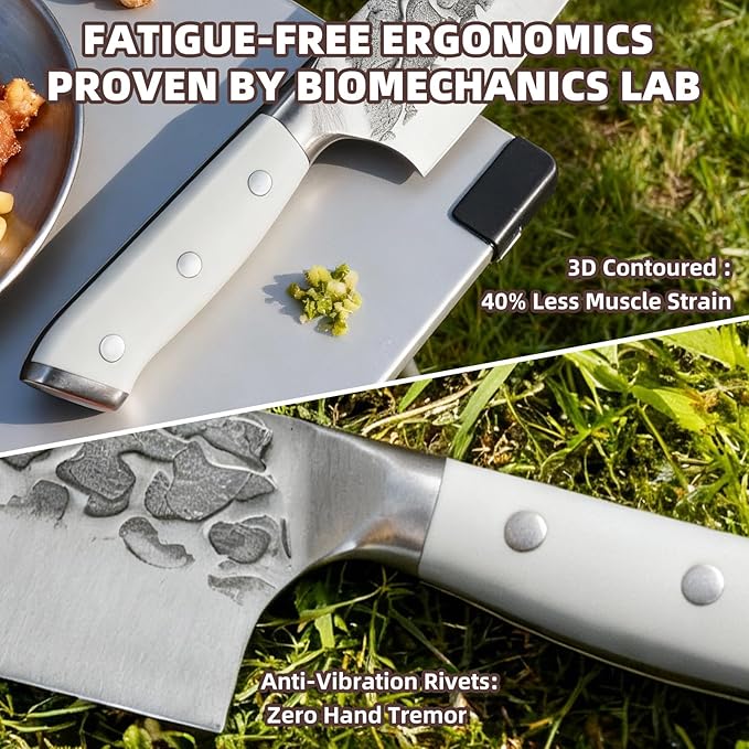 KOFERY Hand Forged Damascus Chef Knife Set with Roll Bag and Sharpener - Ideal for Culinary, Camping and BBQ(Off-White Handle)