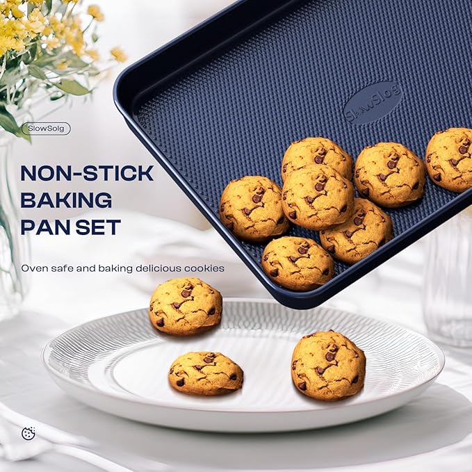 Slow Slog Baking Pans Set 8-Piece Bakeware Sets, Baking Sets for Cooking Nonstick Oven Pan Set, Baking Sheet Set, Cookie Sheets for Baking, Muffin Pan, Ceramic Coated Blue