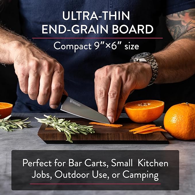 STEELPORT Mini Cutting Board 9"x6" - Steel Reinforced, Utlra-thin Butcher Block | Dual Sided - End-grain Walnut Wood, Composite Side | Chopping Board with Juice Groove | USA Made for Home, Chefs