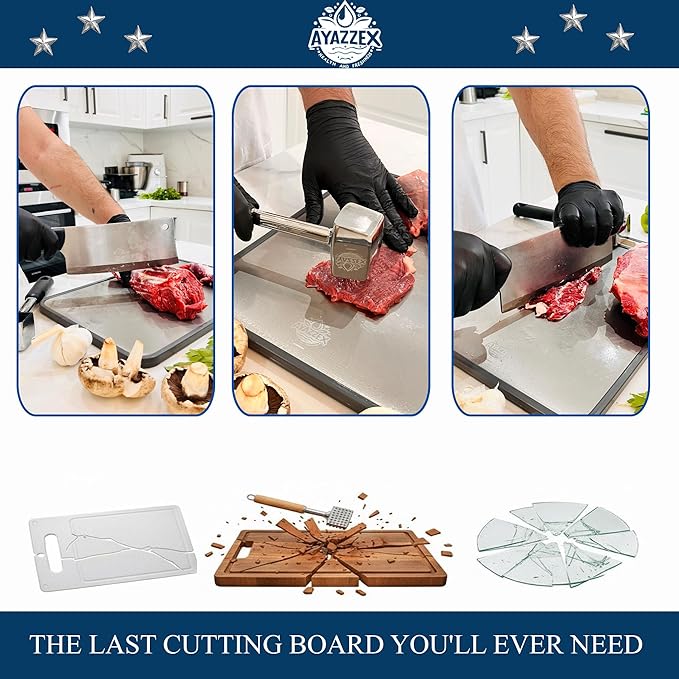 AYAZZEX Titanium Cutting Boards for Kitchen – Double-Sided Food Grade Cutting Board – 99.9% Titanium & Wheat Straw PP (15”×9”) Large Size & Ultra Durable, Easy to Clean - Includes Sponge & Pad & Hook