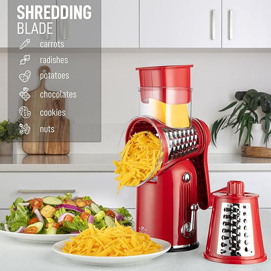 Zulay Kitchen Rotary Cheese Grater 5 Blade Cheese Shredder - Manual Hand Crank Cheese Grater With Reinforced Suction & 5 Interchangeable Drums - Easy to Use, Vegetable Chopper Round Mandoline Slicer