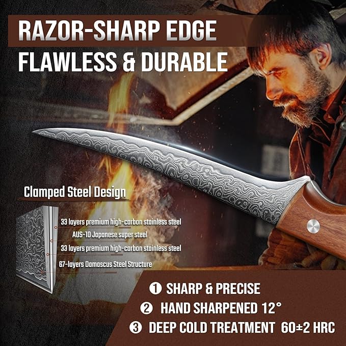 DRAGON RIOT Damascus Boning Knife 6 inch, Professional VG-10 Steel Japanese Fillet Knife, Flexible Deboning Knife,Kitchen Trimming Knife with Ergonomic Wood Handle, Premium Gift Box