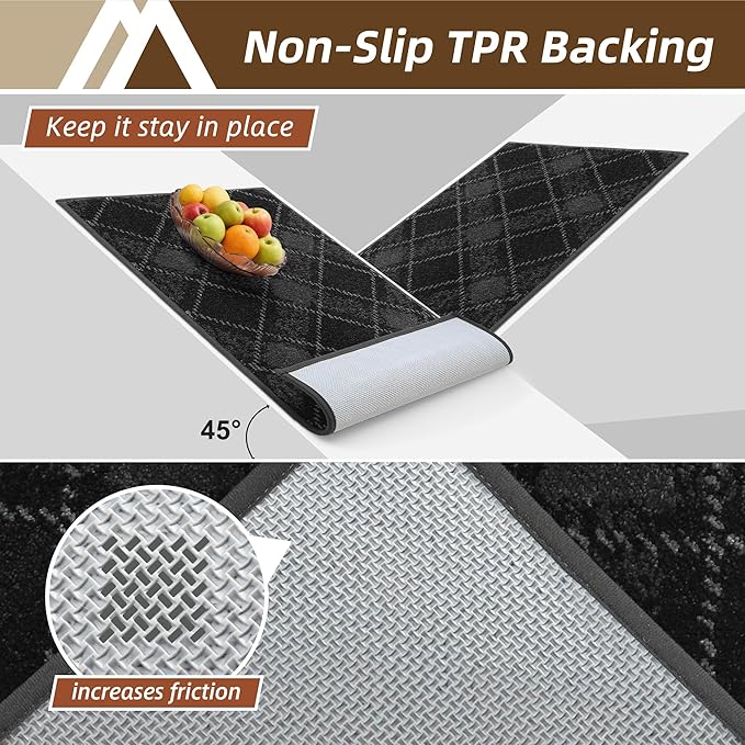 COSY HOMEER Kitchen Rugs and Mats Sets 2PCS Non-Slip Soft Kitchen Mats for Floor Absorbent and Stain Resistant Kitchen Floor Mat Washable Plaid Rugs for Kitchen,20"x32"+20"x48",Dark Grey