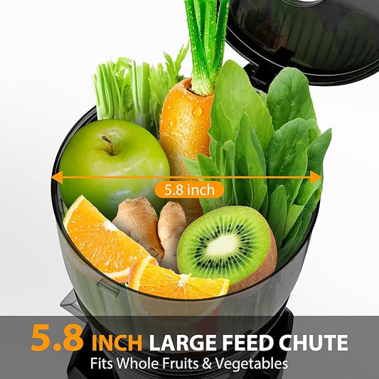 Pukomc Cold Press Juicer, 5.8-inch wide feed chute for whole fruits and vegetables - 1.8L Capacity 300W Cold Press Juicer with slow grinding juicing, includes cleaning brush and juicing cup, grey