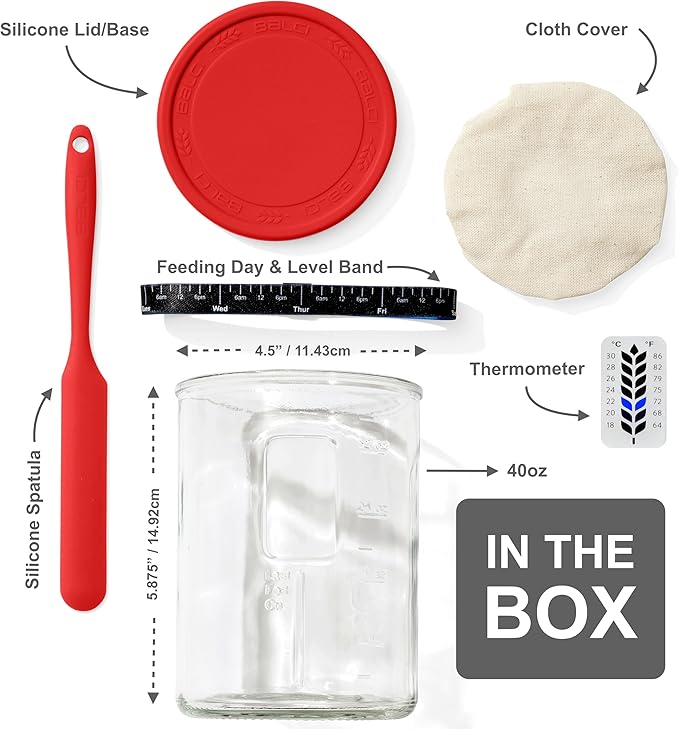 Premium Sourdough Starter Jar - 40oz Large Sourdough Jar with Marked Feeding Band, Thermometer, Scraper, Cloth Cover and Silicone Lid/Base, Wide Mouth Starter Kit - Red
