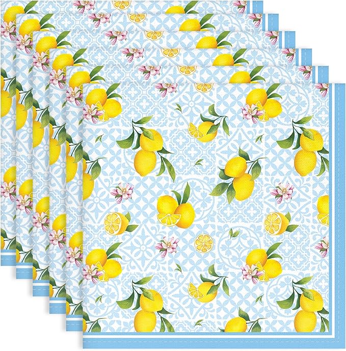 Summer Lemon Napkins, 18×18 Inch Floral Dinner Cloth Napkins Set of 6, Washable Cotton Soft Absorbent Square Napkins for Dining Kitchen Party Wedding Decoration