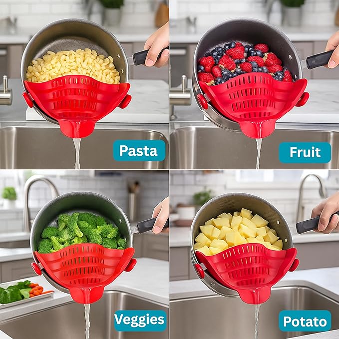 Clip on Strainer Silicone for All Pots and Pans, Colander, Pot Strainer for Pasta, Meat, Vegetables, Space Saving Design, Food-Safe with Collapsible Funnel, Garlic Peeler, 3 Pack (Red)