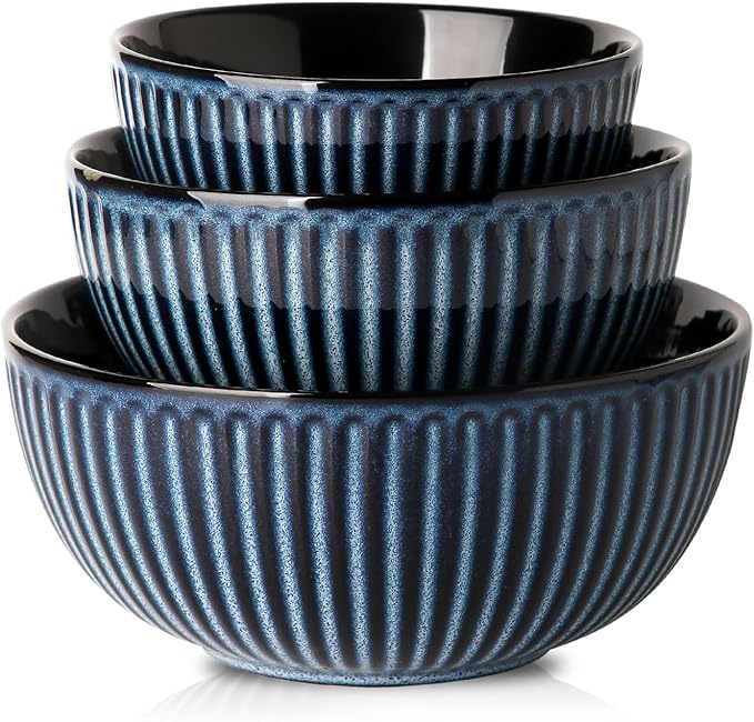 HASENSE Mixing Bowls of 3, Porcelain Ribbed Bowls 1.5/1/0.5 Qt For Kitchen, Cooking, Baking and Serving Prep Bowls for Salad, Pasta, Modern Kitchen Dish Dishwasher & Microwave Safe, Blue
