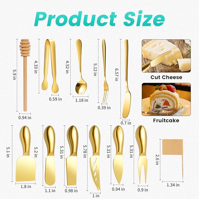 Gold Cheese Knife Set For Charcuterie Board Accessories, Stainless Steel Cheese Slicer And Butter Spreader knives Kit With Serving Tongs, Spoons, Forks, Flags Cheese Markers, Honey Dipper