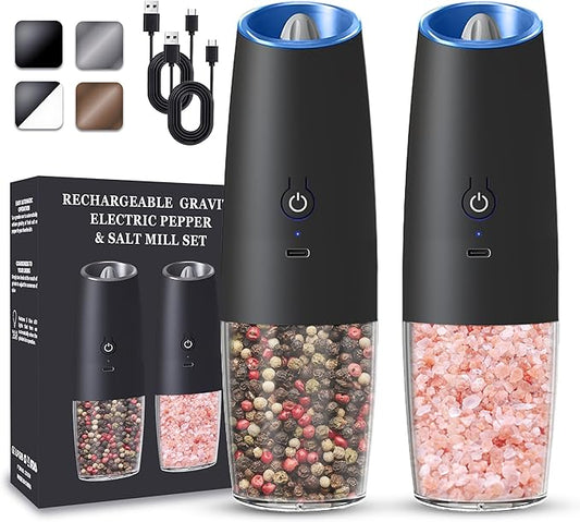 Rechargeable Electric Salt and Pepper Grinder set of 2, gravity electric salt and pepper grinder set, Adjustable Roughness, LED Light, 2 Pack, (Black)
