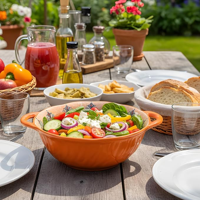 Boho Ceramic Serving Bowls with Handles Set of 2, Ceramic Large Serving Bowls, 40 Oz Porcelain Salad Bowls, Large Serving Dishes for Entertaining, Nesting Mixing Bowls for Soup,Stew,Fruits,Dinner
