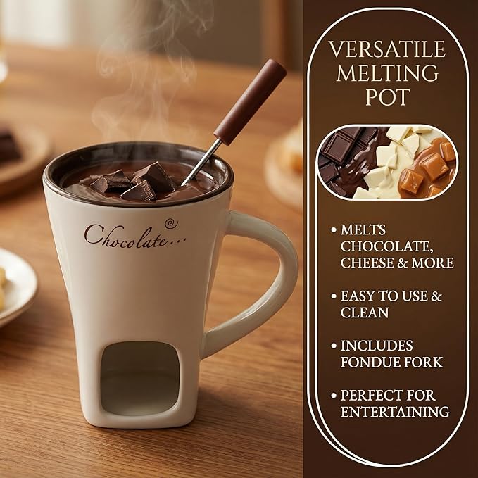 DECHOUS 2 Pack Fondue Pot Ceramic Chocolate Fondue Mug Set with 2 Forks Personal Fondue Mugs Melting Pot for Chocolate, Cheese, Butter, Suitable for Home Party Wedding