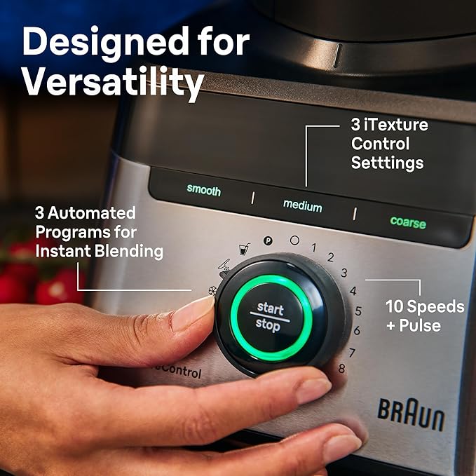 Braun TriForce Power Blender - Powerful 1200 Watt Countertop Blender with 10 Manual Speeds, 3 Texture & 3 Food Settings, Stainless Steel Blades for Effortless Emulsifying, for Smoothies, Purees & More